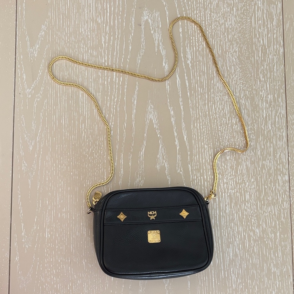 MCM Black Leather Crossbody with Gold Hardware